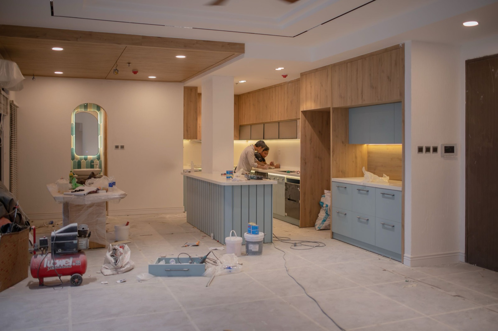Cabinet installation during a Bay Area kitchen remodel in progress